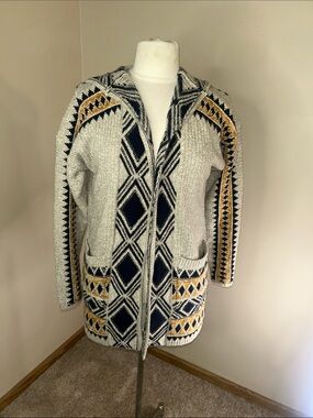 Lucky Brand Cream Navy Mustard Aztec Hooded Cardigan Coatigan